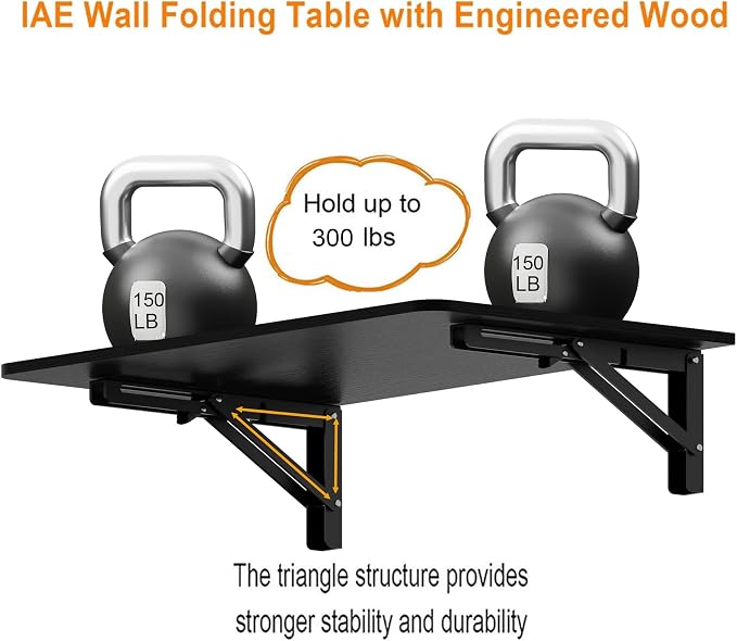 IAE 36x22in Floating Fold Desk,Wall-Mounted Folding Computer Table,Black | Study Table with Shelf Brackets,Foldable Down Shelf with Engineered Wood,Fold Computer Desk for Small Apartment,Holds 501 lb