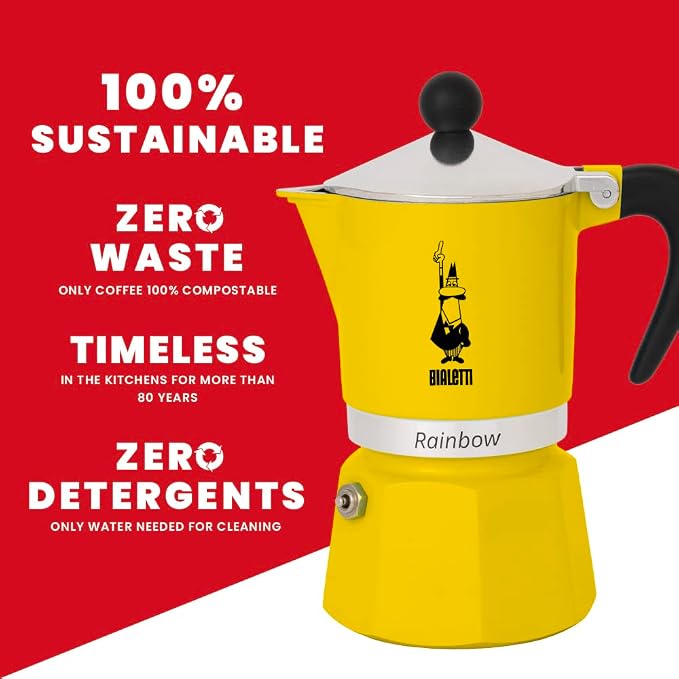 Bialetti Rainbow Moka Pot in Yellow, 3 Cup Stove Top Espresso Maker - Aluminum Cafetera for Ground Coffee, Italian Coffee Maker for Home Brewing