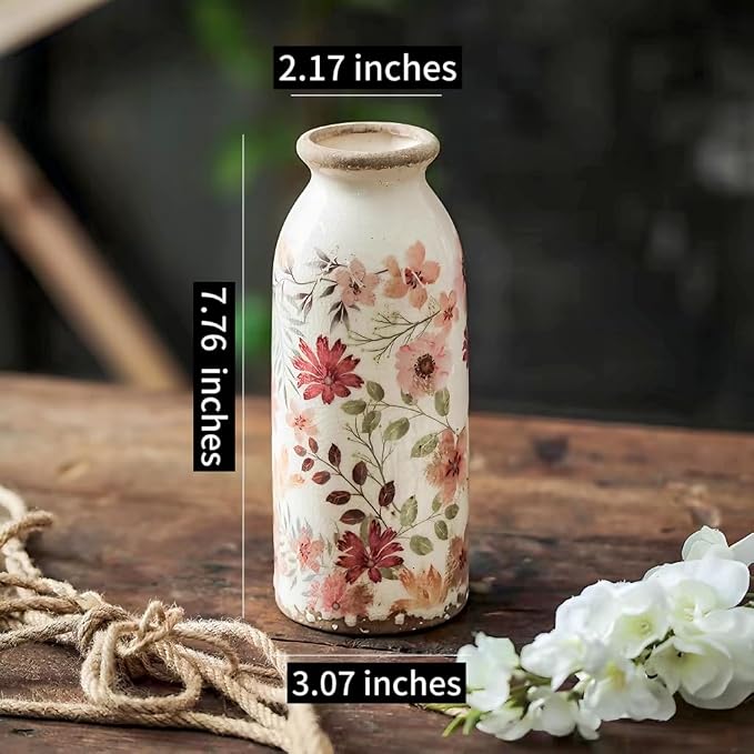 Vintage Flora Ceramic Vase Set, Retro Rustic Cute Vase Gift, Art Decorative Vase for Your Home, Kitchen, Bedroom, Office, Living Room, Bathroom, & Shelf Centerpiece Table Decorations