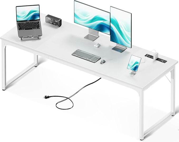 Coleshome 71 Inch Computer Desk with USB Ports, Large Office Desk, Long Study Student Writing Desk, White | Extra-long workspace • Fits dual monitors • Stable steel frame • Spacious legroom • Home office & gaming