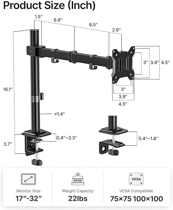 monTEK Extra-Long Monitor Arm for 17-32" Screens, 22 lbs | Articulating desk mount, extended reach, height adjustment, tilt, swivel, clamp/grommet bases and VESA 75/100