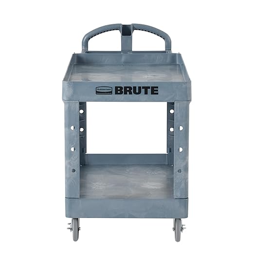 Rubbermaid Commercial Products BRUTE Heavy Duty 2-Shelf Utility/Service Cart, Medium, Lipped Shelves, Ergonomic Handle, 500 lbs. Capacity, Gray, for Warehouse/Garage/Cleaning/Maintenance/Stadiums