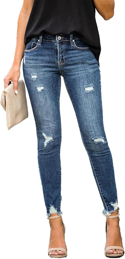 KUNMI Women's Skinny Ripped Trendy Jeans Distressed Stretchy Denim Pants