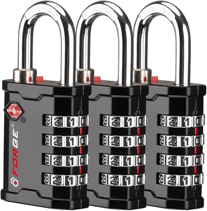FORGE 4-Digit TSA Approved Travel Locks – TSA008 Key System, Key Duplication Impossible, Heavy-Duty Combination Padlock for Travel, Gym, Pelican Case. Black 3 Locks.