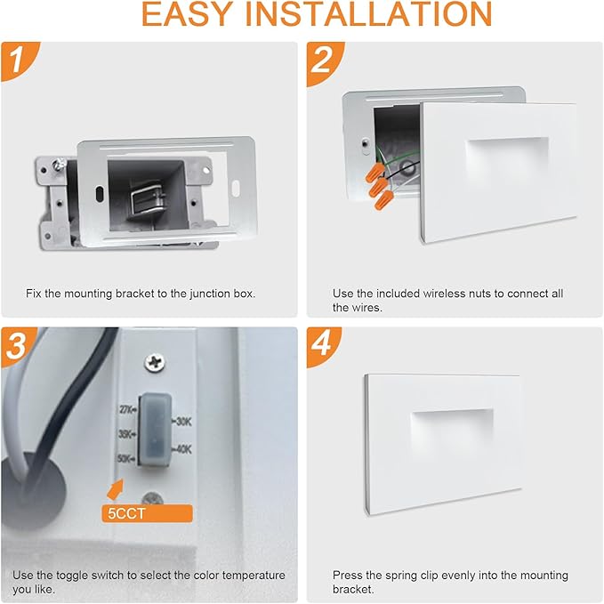Horizontal Step Lights, 5CCT Selectable, IP65 Waterproof, 3W 100LM, 120V LED Stair Lights Indoor Outdoor, 10%-100% Dimmable, White, ETL Listed - 12PK