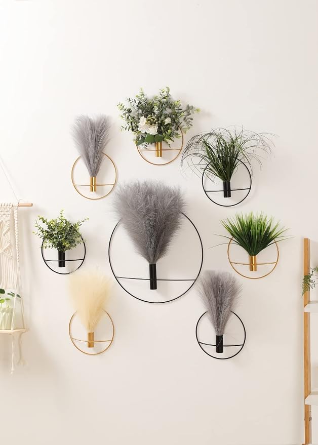 Pretty Jolly Boho Pampas Wall Decor Black Metal Wall-Mounted Art | Morden Artificial Greenery Display，2 Pack Gray Hanging Planter For Living Room, Bedroom, Bathroom, Dining room