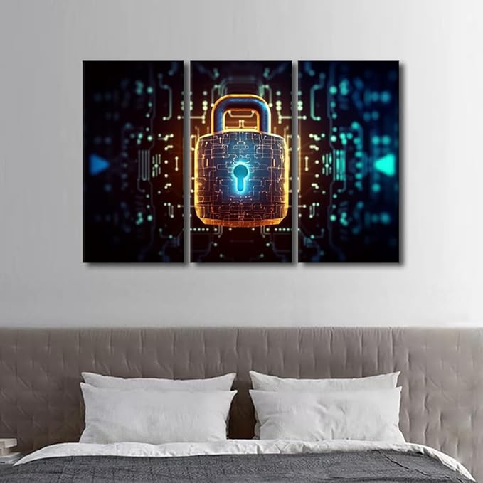 TUMOVO 3 Panel Canvas Print Art Set Padlock with a Glowing Light at the Top Posters and Prints for Bedroom Living Room Wall Decorative, Cybercrime Concept Artwork Framed Ready to Hang, 42" Wx28 H
