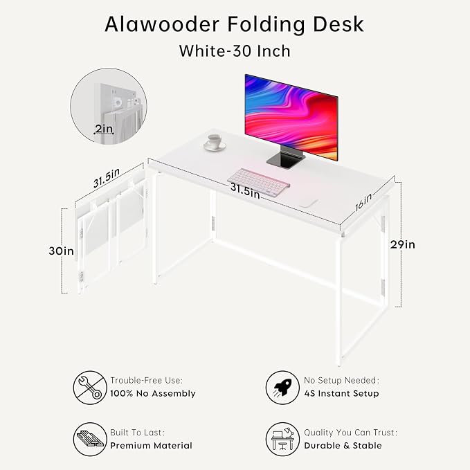 alawooder 31.5" Folding Desk: No Assembly, Wood Top for Small Spaces | Home office desk, holds 150 lbs, folds flat to 2.3 in, splash-proof wood top, sturdy metal frame