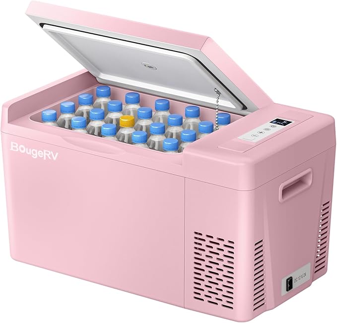 BougeRV Pink 23Quart Portable Refrigerator, 12 Volt Fridge 22L, Portable Freezer Compressor Cooler 12/24V DC 110~240 Volt AC for Truck Van RV Camper -8℉~50℉