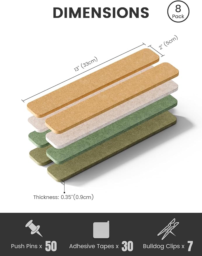 Fluxynara 13" x 2" Felt Wall Panels, Olive Grove | 8-Pack Includes 50 Push Pins and Adhesive Tabs for Photos, Notes and Decor in Bedroom Doors, Home Office or Studios