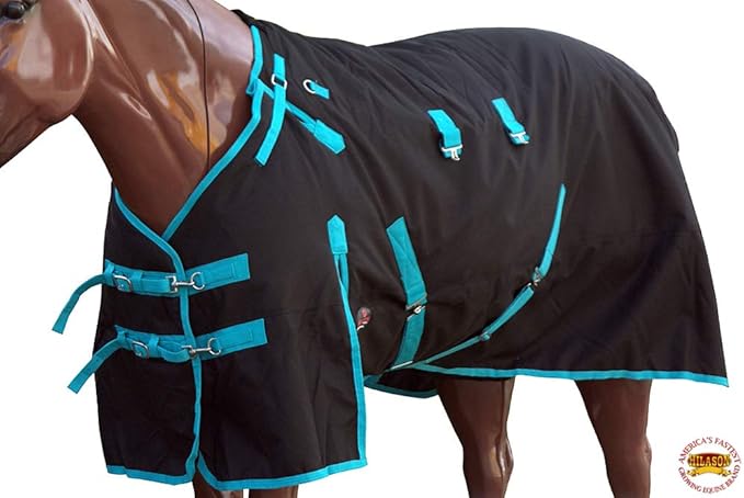 HILASON Black with Turquoise Trims 81 inch 1200D Winter Waterproof Poly Horse Turnout Blanket Belly Wrap