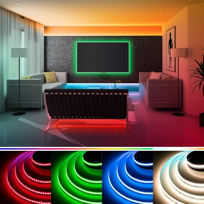 BTF-LIGHTING FCOB COB LED Strip RGBW 3000K 896LED/m 16.4FT DC12V Color Changing Flexible High Density Uniform Light 12mm Width for Home Indoor Decoration(No Adapter or Controller)