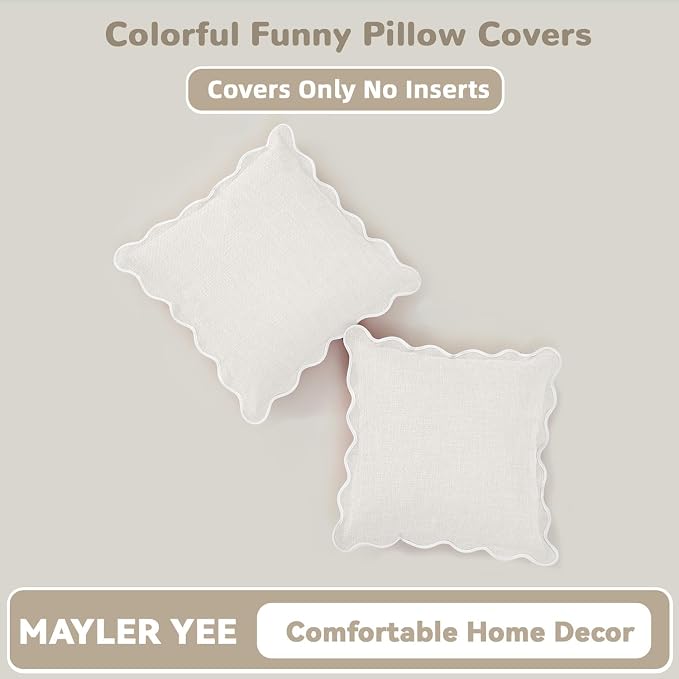 Scalloped Pillow Covers Set of 2 for Living Room | Decorative Sofa Couch Pillows | Boho Sytle Decorative Home | Aesthetic Funky Preppy Pillow Cases (Beige & White, 20x20 Inch)
