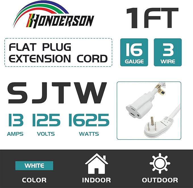 3 Pack Flat Plug Indoor Extension Cord, UL Certified, 16 Gauge 1FT White 3 Prong Heavy Duty, 16/3 SJTW 13A Power Cord for Lights, Appliance
