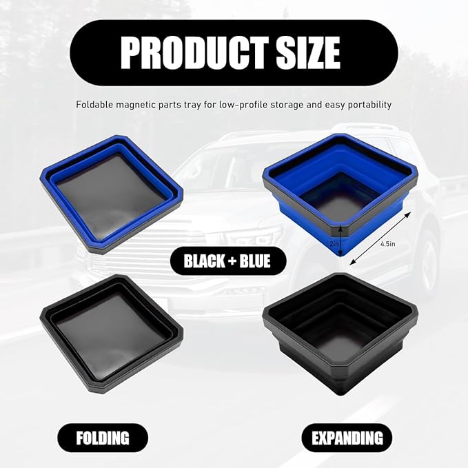 2PCS Collapsible Magnetic Parts Tray, 4.5" Square Silicone Tool Tray with Double-Sided Magnetic Base, Foldable Bowls Small Metal Parts Holder for Screws Bolts Nuts Washers (Black+Blue)