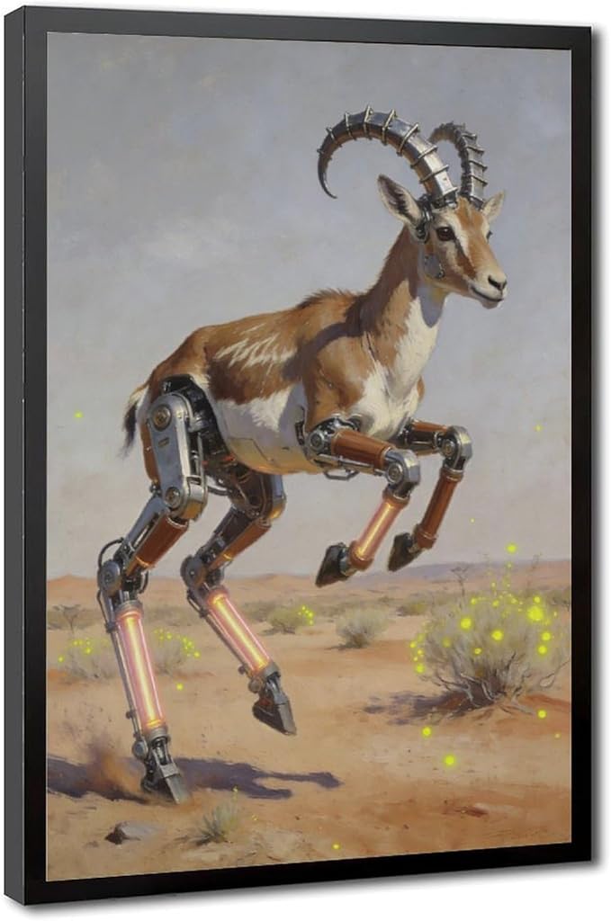 Framed Steampunk Mechanical Antelope Wall Art - Desert Futuristic Poster for Loft Living Room Decor 12x18in