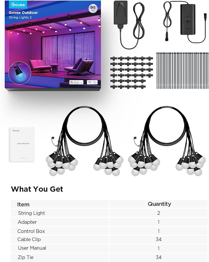 Govee Smart Outdoor String Lights 2, 96ft RGBIC Patio Lights with 30 Bulbs | Dimmable Warm White LED Bulbs, IP65 Waterproof, 47 Scene Modes for Backyard, Balcony, Work with Alexa, App Control