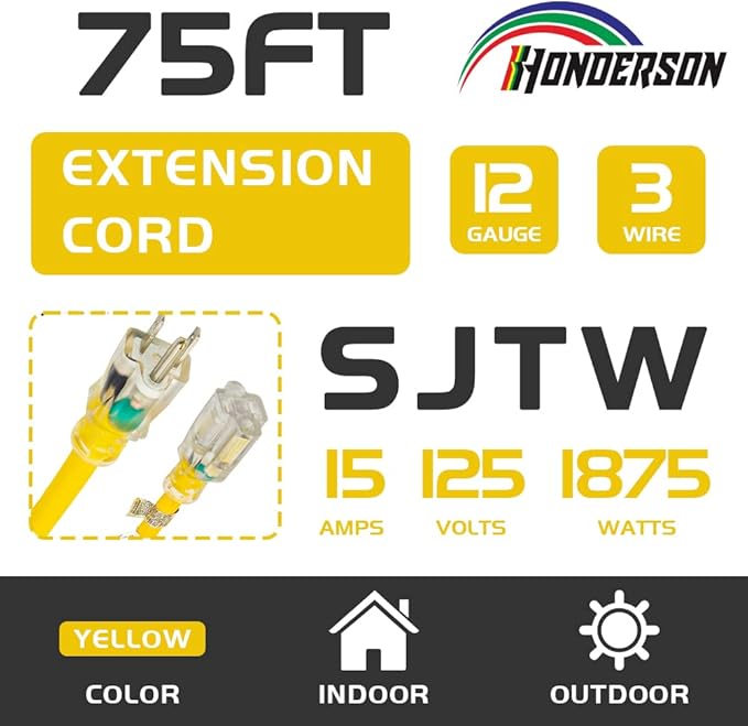 Indoor Outdoor Extension Cord Weatherproof with Lighted End, UL Listed, 12 Gauge 75FT Yellow 3 Prong Heavy Duty, 12/3 SJTW 15A Power Cord for Outdoor Lights, Lawn