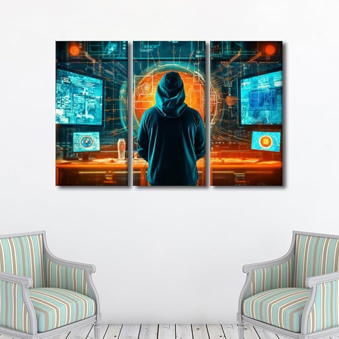 3 Panel Framed Wall Art, Concept of Cybersecurity, Phishing, Cybercrime Posters Picture Print on Canvas for Bedroom Living Room Dorm Wall Decorations, Ready to Hang, 60" Wx40 H