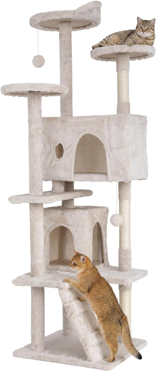 70in Cat Tree Cat Climbing Tower with Scratching Post, Cats House Perch Kitten Tree Condo Wood Playhouse, Pet Trees Tower for Indoor Cats, Beige