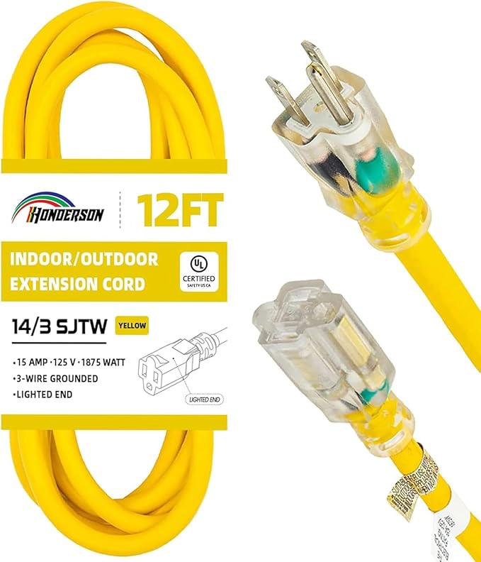 Indoor Outdoor Extension Cord Weatherproof with Lighted End, UL Certified, 14 Gauge 12FT Yellow 3 Prong Heavy Duty, 14/3 SJTW 15A Power Cord for Outdoor Lights, Lawn