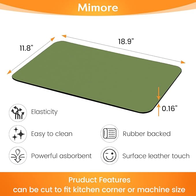Mimore Coffee Mat - 12x19 Inch Green Countertop Mat - Absorbent, Hides Stains, Rubber Backed - Dish Drying Mat Fits Under Coffee Maker or Espresso Machine