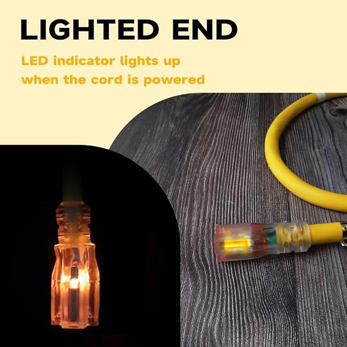 Outdoor Extension Cord with Lighted End, 12 Gauge Heavy Duty 6 FT, 3 Prong Grounded 15 Amp Extension Cord, 12/3 SJTW Waterproof Power Cord for Appliance, UL Listed, Yellow