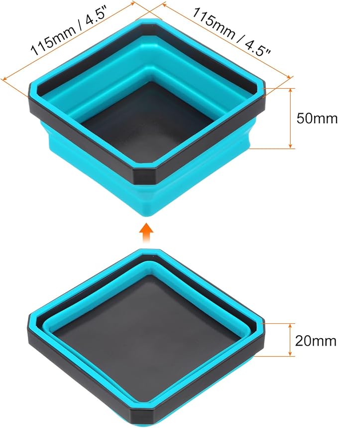 HARFINGTON 2Pcs Collapsible Magnetic Parts Tray Foldable Tool Trays Square Small Metal Parts Organiser for Fixing Screw Bolts Nuts Washers Pins, Sky Blue