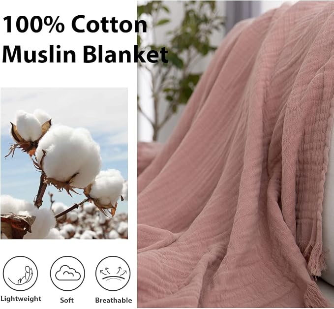 Simple&Opulence Cotton Muslin Throw Blanket for Bed, Couch, Knit Woven Gauze Blanket with Tassels, Soft Lightweight Cozy Pre-Washed Breathable Farmhouse Decoration for All-Season (Dusty Rose)