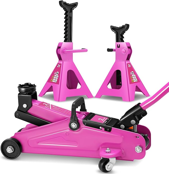 PM PERFORMOTOR Low Profile Hydraulic Trolley Service/Floor Jack Combo with 2 Ratchet Jack Stands, 2 Ton (4000 lbs) Capacity, Purple, PM-TOL-FJ3P-PR