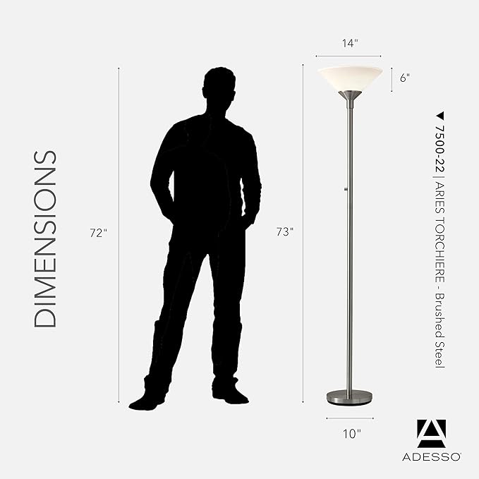 Adesso Brushed Steel Torchiere Floor Lamp with Frosted White Shade - 300W Double Socket Construction, Modern Accent Lighting for Bedroom, Living Room, or Home Office, 73” Tall
