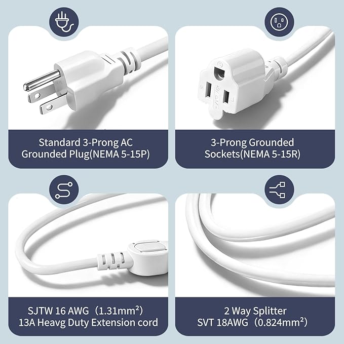3 Prong Outlet Splitter Extension Cord,1-to-2 Indoor Outdoor Extension Cord,20 inch Y-Type Power Splitter,SJT 16AWG,UL Approved for Home Office Appliance,LED Stage Lights and Electronics(White)