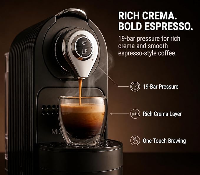 Mixpresso Espresso Machine, Compatible with Nespresso OriginalLine Capsules | 1400W single serve coffee maker with one-touch operation, 19-bar Italian pump and 27oz water tank, black