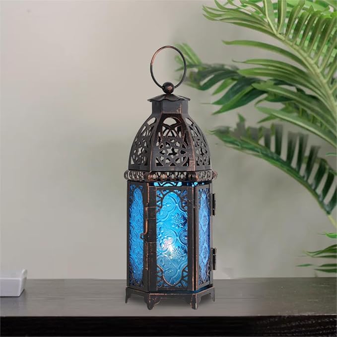 NEEDOMO Hanging Moroccan Lantern, 11'' Vintage Candle Holder, Metal Lanterns Decorative Indoor Outdoor, Table, Patio, Porch, Shelf, Gothic Home Decor (Blue, Medium Size)