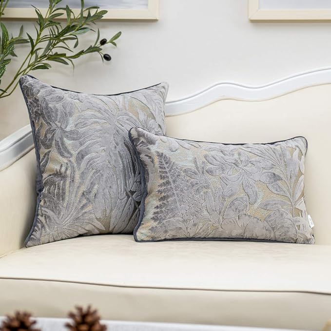 Alerfa 18 x 18 Inch Gray Silver Square Maple Leaf Pillow Embroidery Cut Velvet Cushion Case Luxury Modern Lumbar Throw Pillow Cover Decorative Pillow for Couch Sofa Living Room Bedroom Car