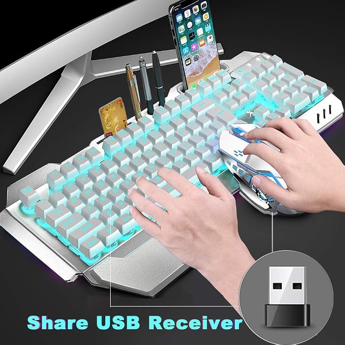 Wireless Keyboard and Mouse, Blue LED Backlit Rechargeable Keyboard with 3800mAh Battery, Metal Panel, Removable Hand Rest Mechanical Feel, 7 Color Gaming Mute Mouse for PC Gamers