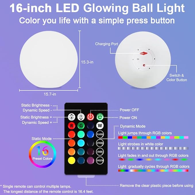 16 In Cordless LED Glowing Ball Light, LED Globe Orb Night Light w/Remote,16RGB Color Changing Waterproof Light Up Ball Rechargeable Indoor/Outdoor Mood Lamp for Nursery Garden Patio Party Bar Decor.