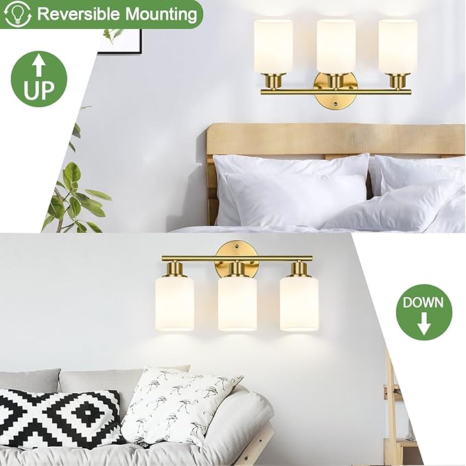 3-Light Bathroom Light Fixtures, Brushed Gold Vanity Light, Farmhouse Wall Lights with Milky White Frosted Glass Shades, Bathroom Wall Lamp for Mirror Kitchen Bedroom Hallway Living Room