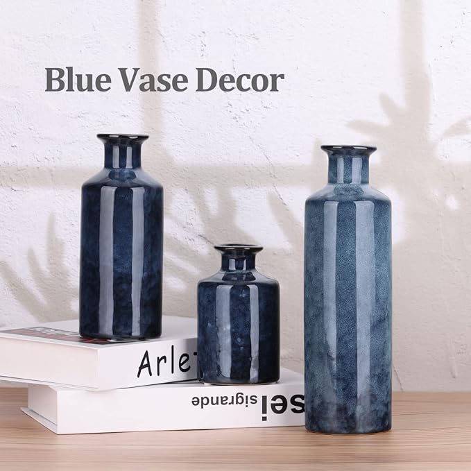 Blue Ceramic Vase Set - 3 Blue Small Vases, Farmhouse Country Flower Vase Home Decor, Living Room Decoration, Table Decoration, Fireplace Decor, and Entrance Decorations Centerpieces