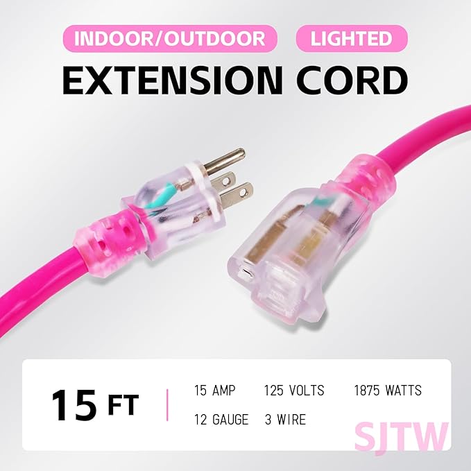 EP 15 Ft Outdoor Extension Cord, 12/3 SJTW Heavy Duty Waterproof Power Cable, 3 Prong Grounded Plug, Lighted End, for Lawn, Garden, Appliances, Pink