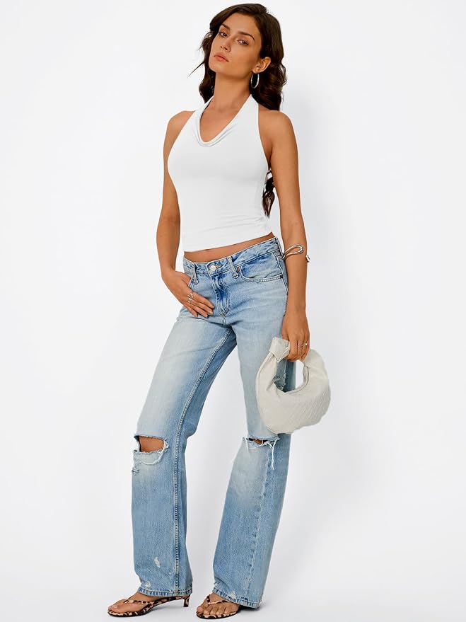 Trendy Queen Halter Tops for Women Going Out Summer Top | Cowl Neck Shirts, Sexy Backless, Fashion Y2K Clothes, Perfect for Party, Club, Vacation, Pair with High-waisted Bottoms