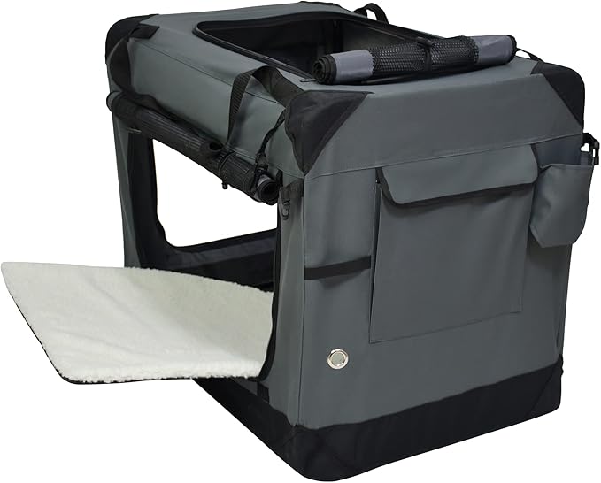 EliteField 4-Door Folding Soft Dog Crate with Curtains, Carrying Bag and Fleece Bed (2 Year Warranty), Indoor & Outdoor Pet Home (42" L x 28" W x 32" H, Gray+4 Door Curtains)