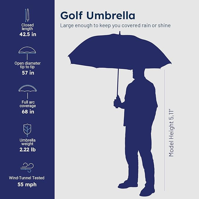 Weatherman Umbrella - Golf Umbrella - Windproof Sports Umbrella Resists Up to 55 MPH Winds - Available in 2 Sizes and 5 Colors