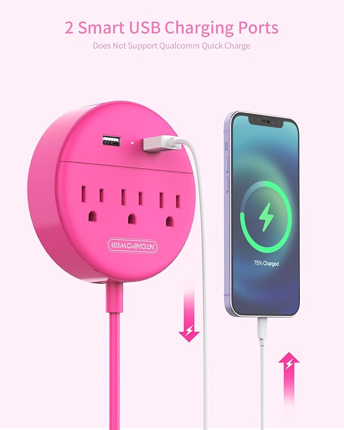 15 ft Extension Cord Power Strip with USB, NTONPOWER Mountable Power Strip Flat Plug with 3 Outlet 2 USB, ETL Listed, Desktop Charging Station, Compact Size for Home Office Dorm Room Nightstand, Pink