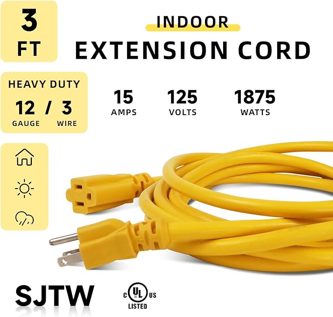EP 12/3 3 FT Indoor Outdoor Yellow Extension Cord Waterproof, 12 Gauge 3 Prong Power Cord Flexible Resistant Appliance Extension Cable Electric Cable Outside, 15A 1875W 12AWG SJTW, ETL Listed
