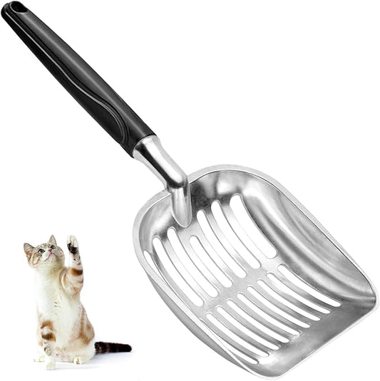 Cat Litter Scoop, Metal Cat Scooper, Plastic Handle Scoop, Sifting Shovel – Heavy Duty Aluminum Alloy Litter Box Scoop with Deep Mesh, Design for Easy Waste Removal and Cleaning, (Black)
