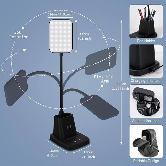 LED Desk Lamp with 10W Wireless Charging & Pen Holder, Black | CRI 95, 800LM, Stepless Dimming, 3 Modes, 360°Flexible Arm, Touch, Study Table Lamp for Home Office, Dorm Room, with Adapter