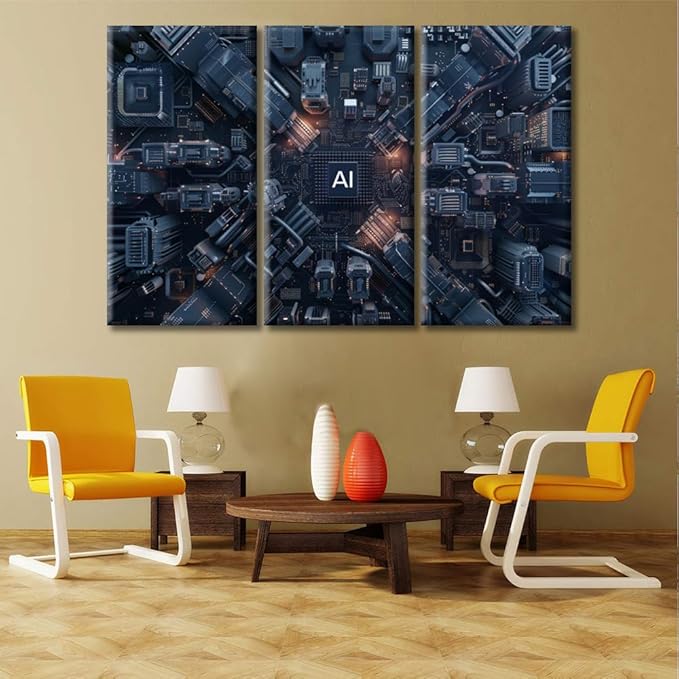 Large 3 Piece Canvas Wall Art 3D Technology Motherboard Pictures Art Paintings AI Advanced Circuitry Modern Home Decor Print for Home Living Room Dining Room Office Framed Ready to Hang 60"Wx40"H