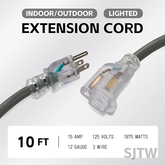 EP 10 Ft Lighted Outdoor Extension Cord - 12/3 SJTW Heavy Duty Grey Extension Cable with 3 Prong Grounded Plug - Power Cord for Lawn, Garden, Appliances