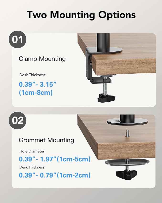 HUANUO Dual Monitor Mount for 13-32 Inch Screens, 17.6 lbs per Arm | Dual screen setup, tilt, swivel, rotation, 16.3 inch pole, cable clips, C-clamp or grommet, VESA 75x75/100x100mm
